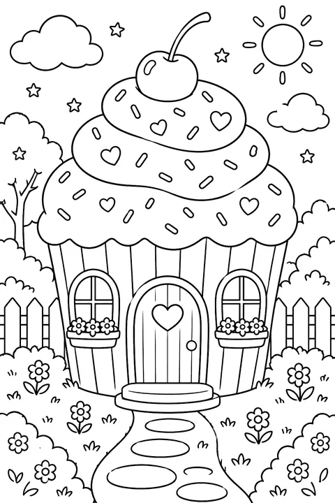 a house shaped like a giant cupcake with windows and a door coloring page