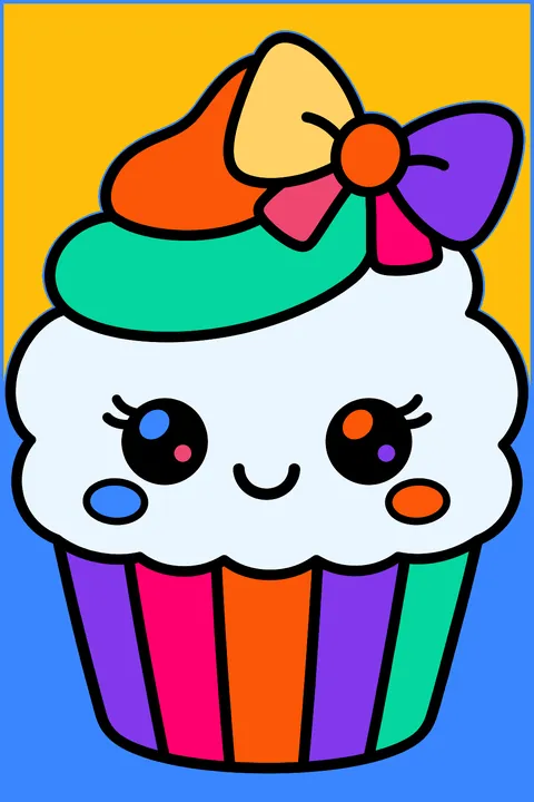 a kawaii cupcake with blushing cheeks and a bow coloring page