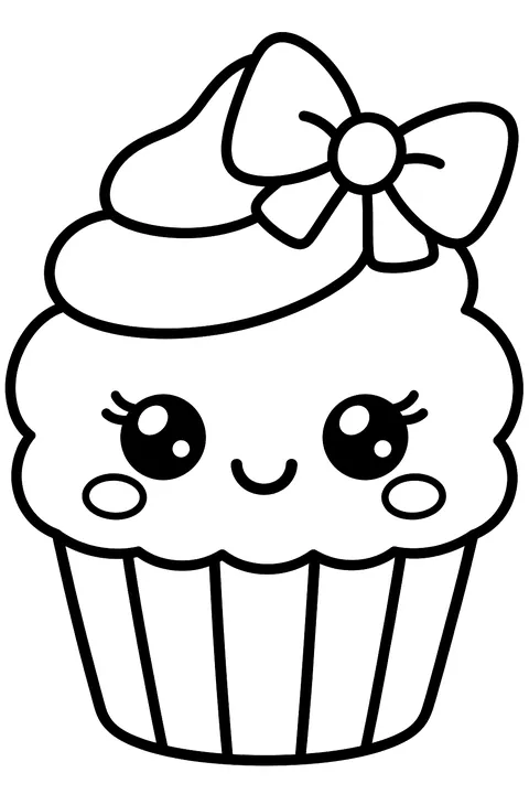 a kawaii cupcake with blushing cheeks and a bow coloring page
