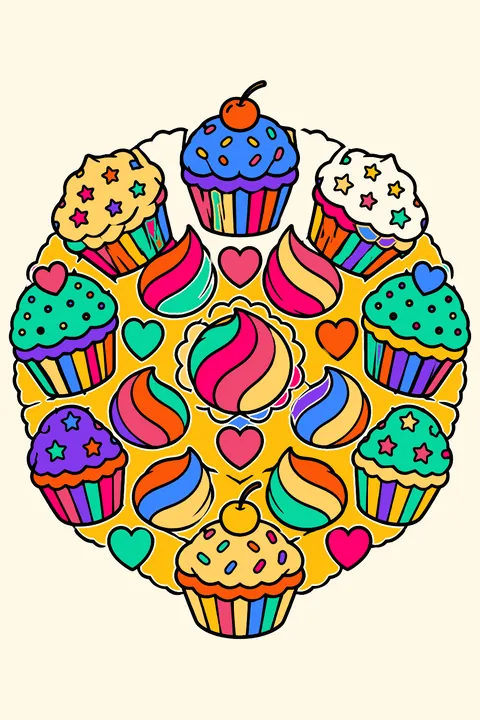 a circular pattern of cupcakes and frosting swirls coloring page