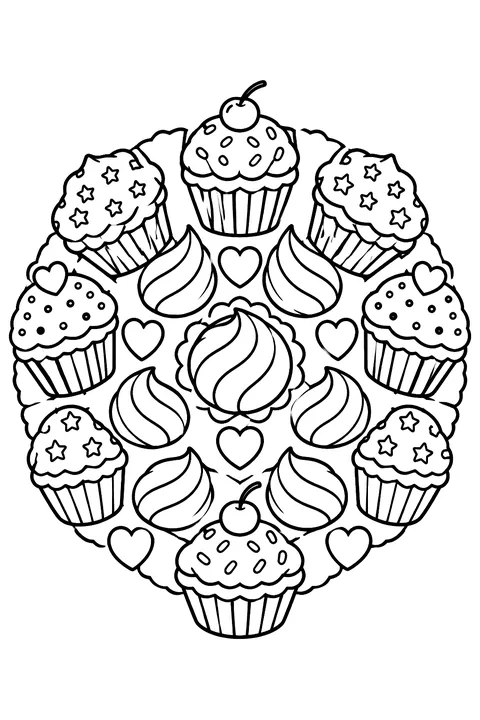 a circular pattern of cupcakes and frosting swirls coloring page