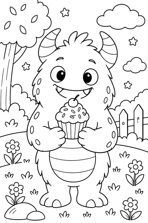 a friendly monster holding a cupcake coloring page