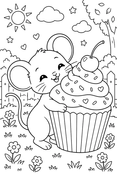a little mouse hugging a cupcake bigger than itself coloring page