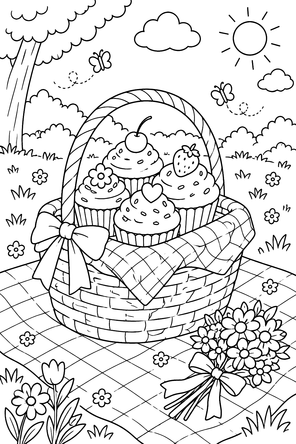 a cupcake picnic basket on a blanket with flowers coloring page