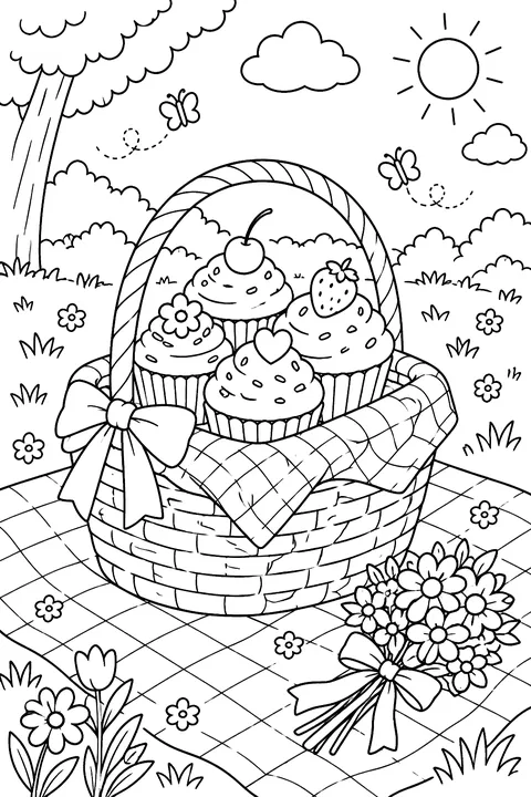 a cupcake picnic basket on a blanket with flowers coloring page