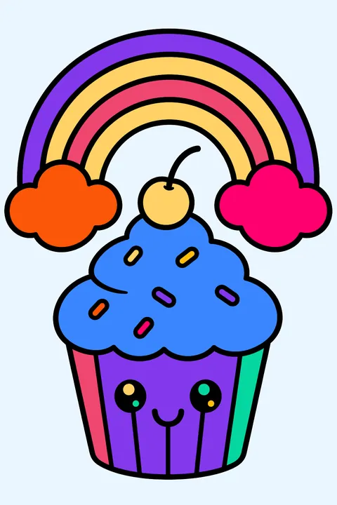 a cupcake under a rainbow with clouds coloring page