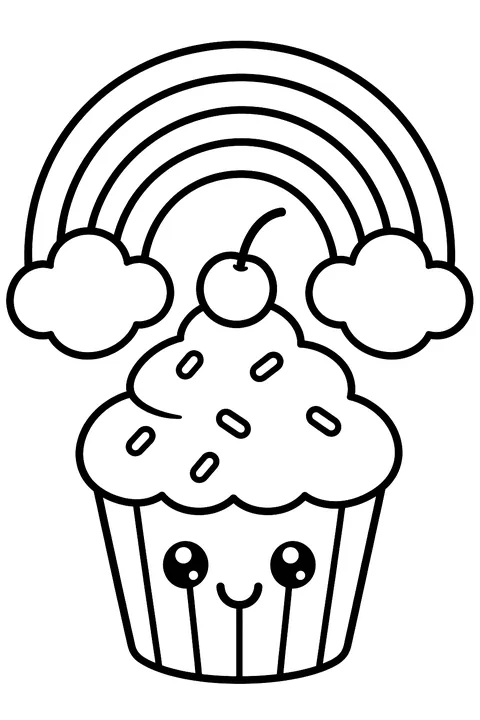 a cupcake under a rainbow with clouds coloring page