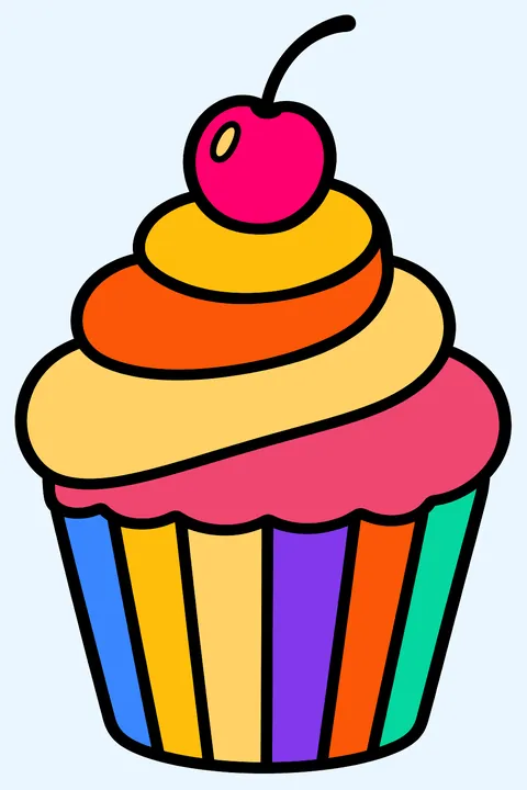 a cupcake with swirly frosting and a cherry on top coloring page