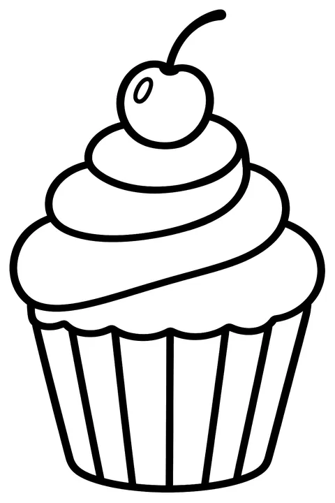 a cupcake with swirly frosting and a cherry on top coloring page