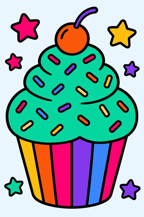 a giant cupcake covered in sprinkles with little stars around coloring page