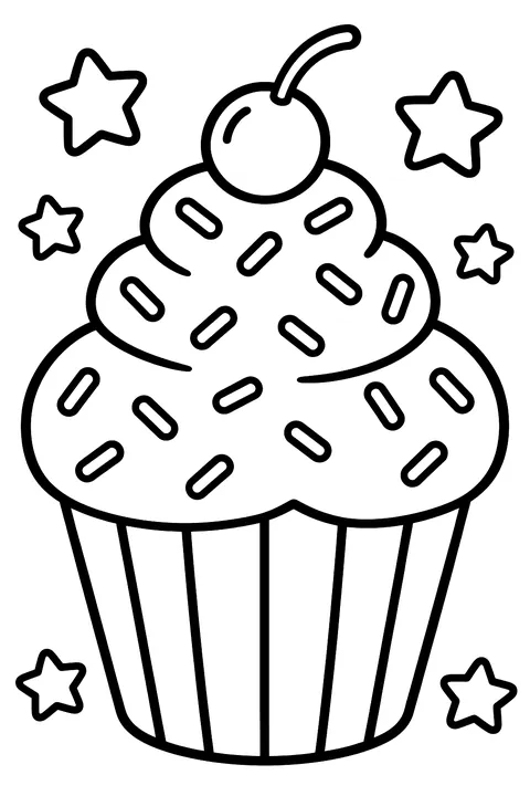 a giant cupcake covered in sprinkles with little stars around coloring page