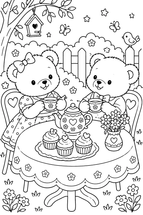 a tea party table with cupcakes, teapot and cups for teddy bears coloring page