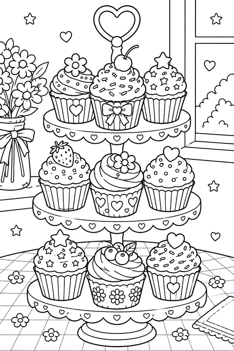 a tiered stand full of decorated cupcakes coloring page