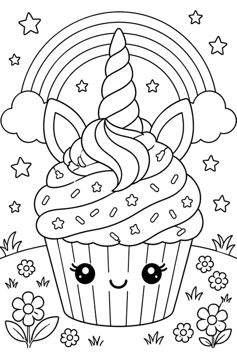 a unicorn cupcake with a horn, ears and rainbow frosting coloring page