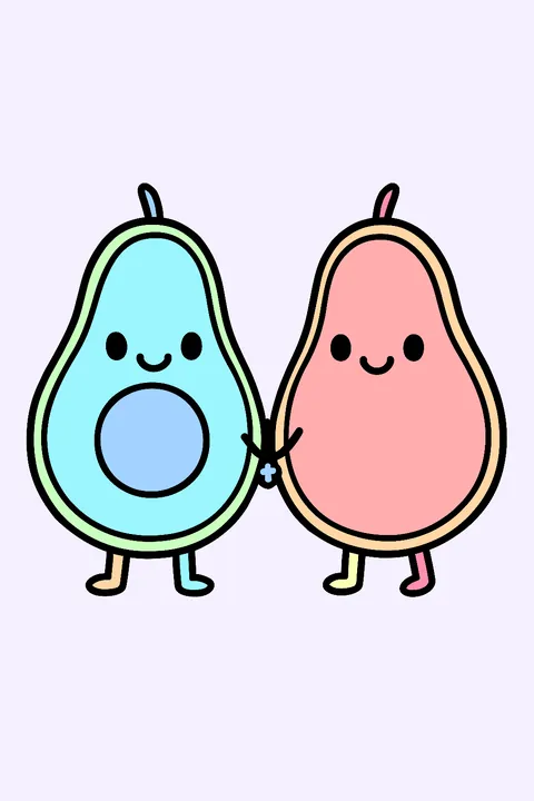 Two kawaii avocado halves holding hands coloring page