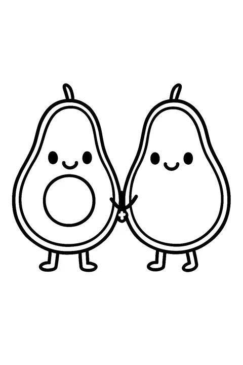 Two kawaii avocado halves holding hands coloring page