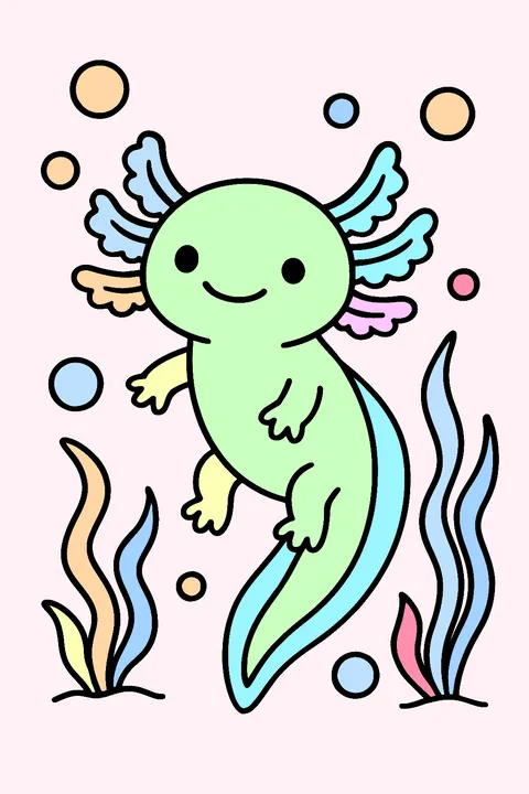 Cute smiling axolotl with frilly gills among bubbles and seaweed coloring page