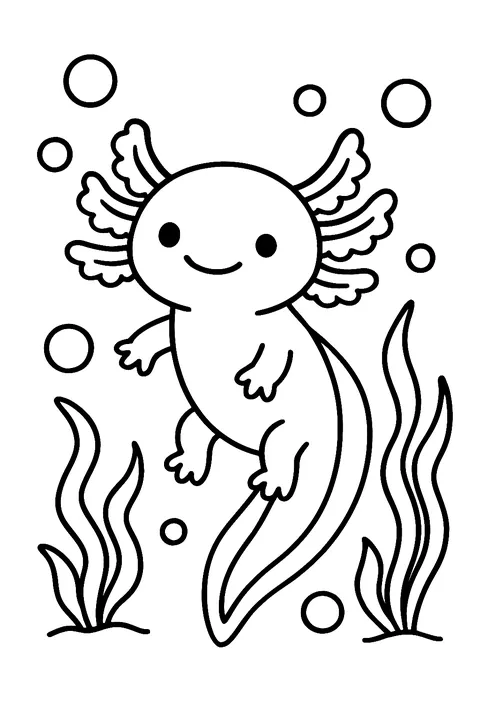 Cute smiling axolotl with frilly gills among bubbles and seaweed coloring page