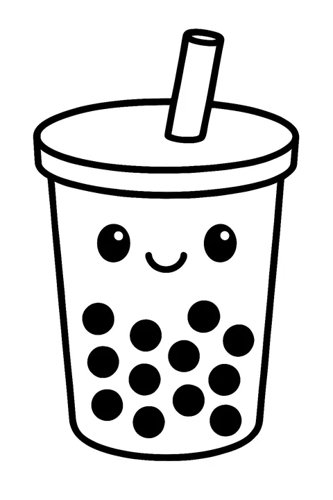 Kawaii bubble tea cup with a smiling face, straw and tapioca pearls coloring page