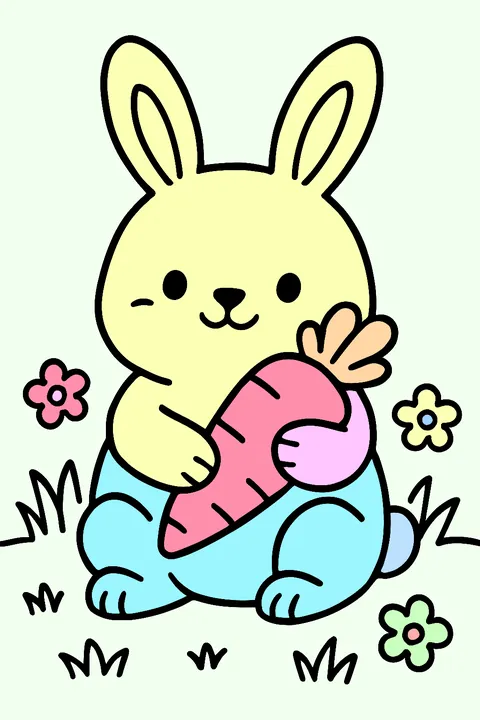 Cute chubby bunny holding a carrot in the grass coloring page