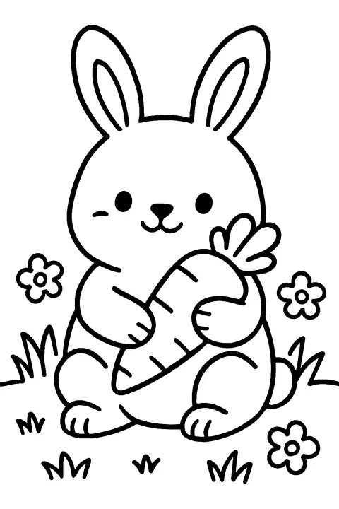 Cute chubby bunny holding a carrot in the grass coloring page