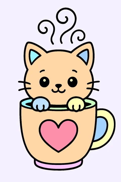 Cute kitten peeking out of a coffee mug with a heart coloring page