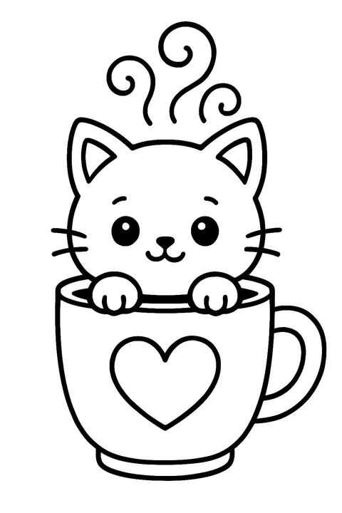 Cute kitten peeking out of a coffee mug with a heart coloring page