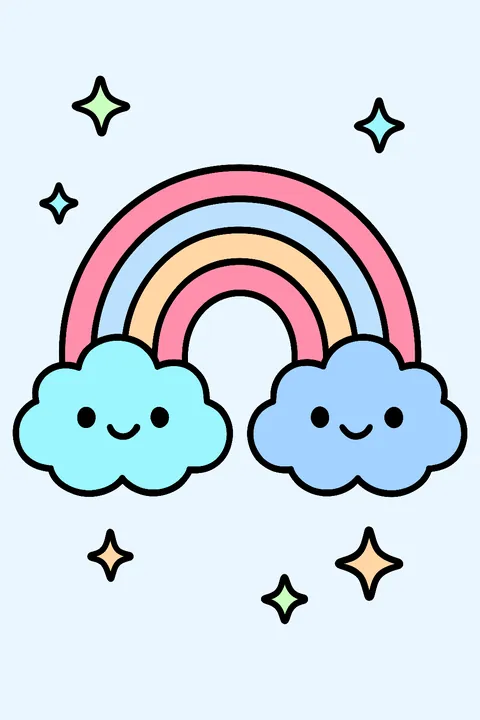 Kawaii rainbow between two smiling clouds with stars coloring page