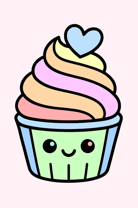 Kawaii cupcake with swirly frosting and a heart on top coloring page