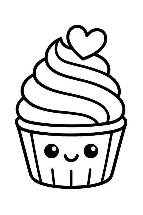 Kawaii cupcake with swirly frosting and a heart on top coloring page