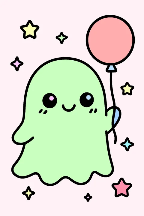 Friendly kawaii ghost holding a balloon among stars coloring page