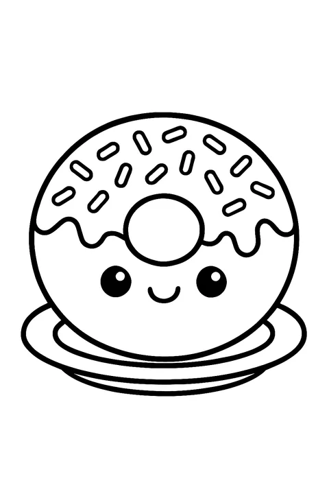 Smiling kawaii donut with icing and sprinkles on a plate coloring page