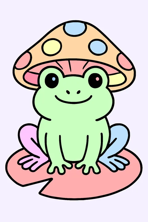 Cute frog wearing a mushroom cap hat on a lily pad coloring page