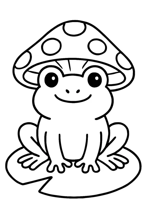 Cute frog wearing a mushroom cap hat on a lily pad coloring page