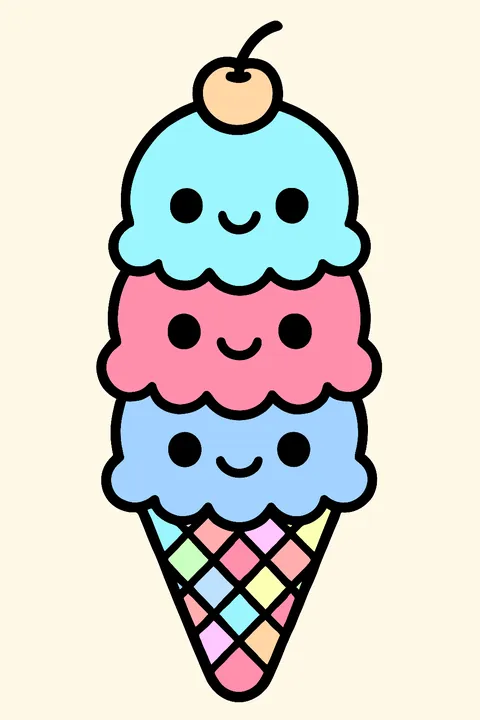 Ice cream cone with three smiling scoops and a cherry on top coloring page