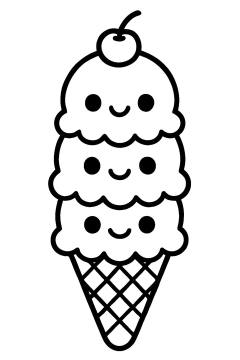 Ice cream cone with three smiling scoops and a cherry on top coloring page