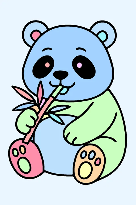 Cute chubby panda sitting and eating bamboo coloring page