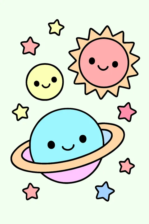 Kawaii planets with smiling faces, a moon and a sun among stars coloring page