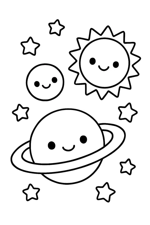 Kawaii planets with smiling faces, a moon and a sun among stars coloring page