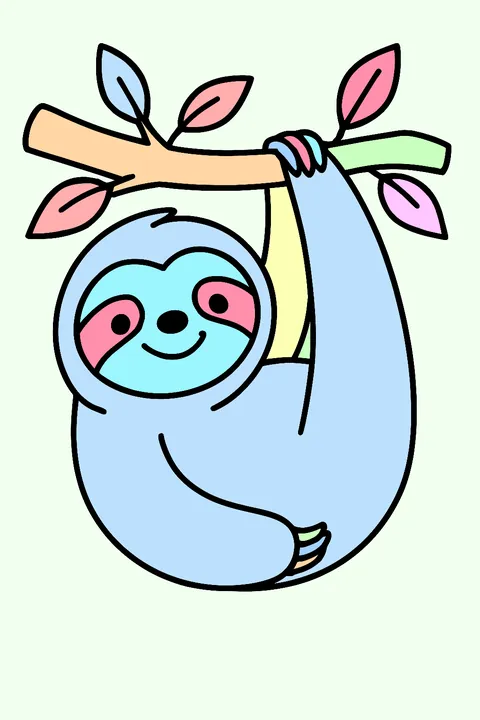 Cute smiling sloth hanging from a tree branch coloring page