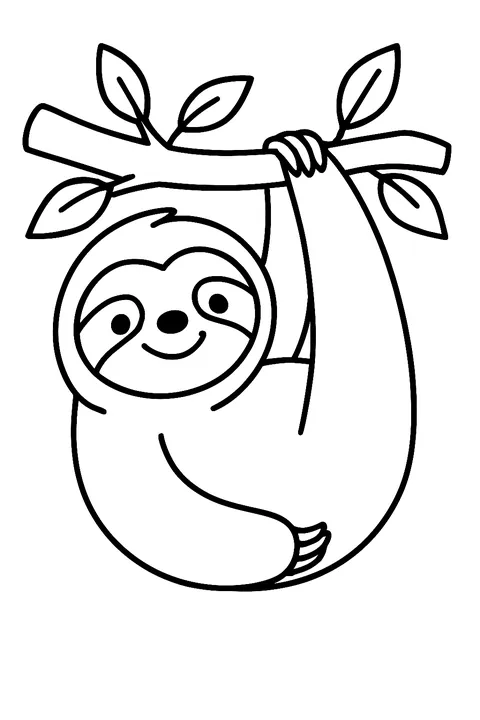Cute smiling sloth hanging from a tree branch coloring page