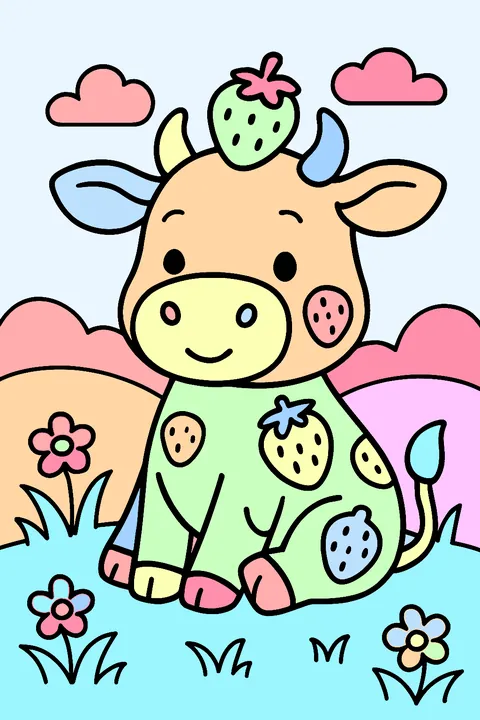 Cute cow with strawberry spots and a strawberry on its head coloring page