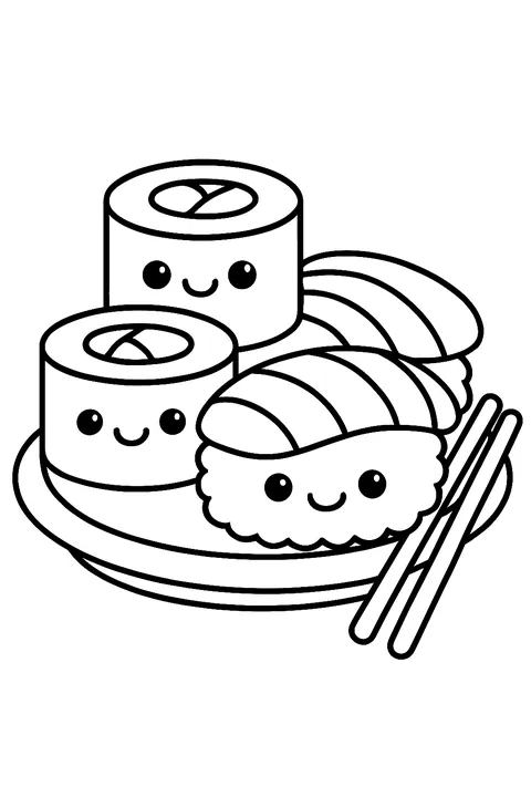 Smiling kawaii sushi rolls and nigiri on a plate with chopsticks coloring page