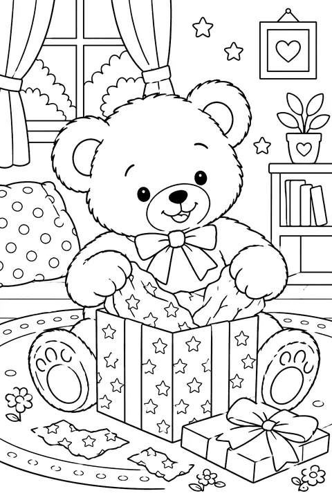 A teddy bear opening a present coloring page