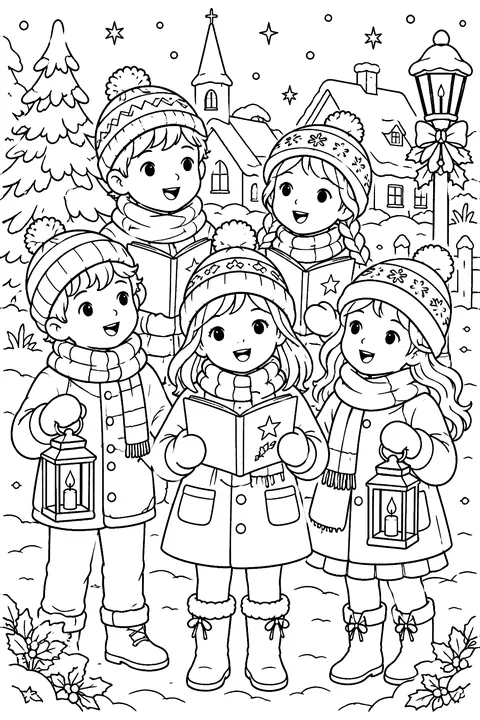 Kids singing carols in the snow with lanterns coloring page