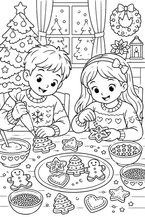 Kids decorating holiday cookies coloring page