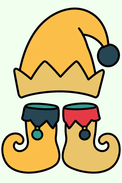 An elf hat and curly shoes coloring page