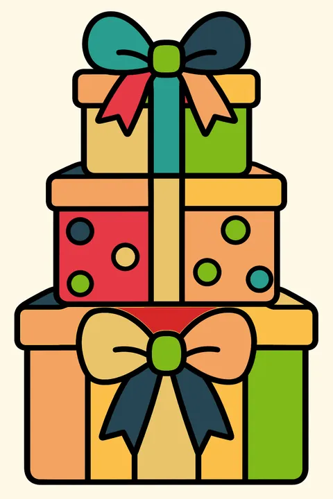 A stack of wrapped presents with bows coloring page