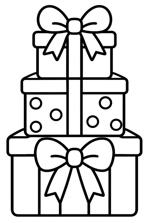 A stack of wrapped presents with bows coloring page