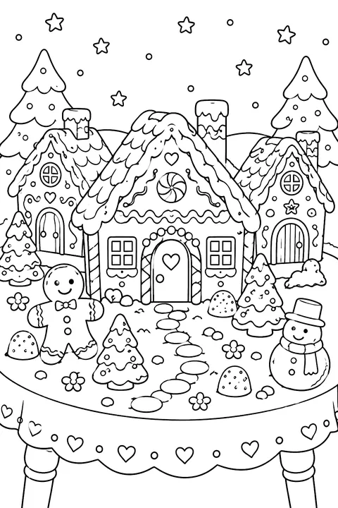 A gingerbread house village on a table coloring page